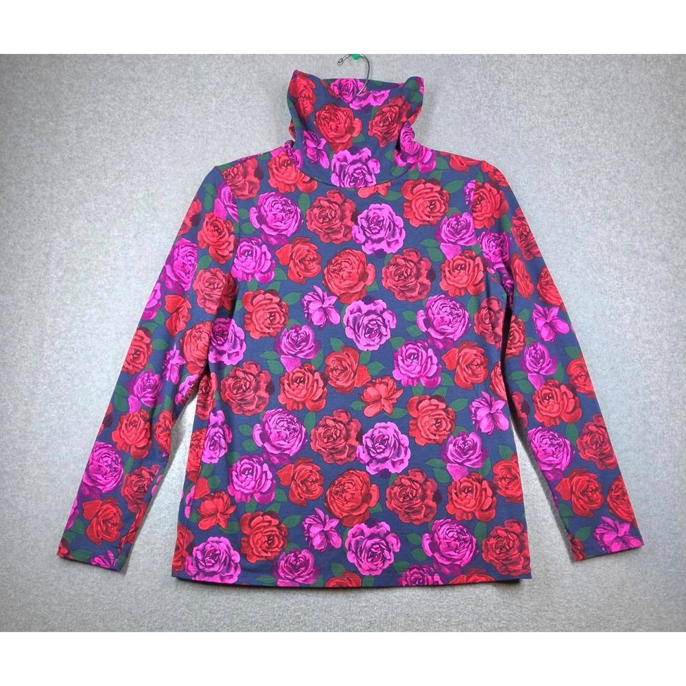 Talbots Petite Red Pink Rose Floral Turtleneck Top Long Sleeve Cotton Blend MP